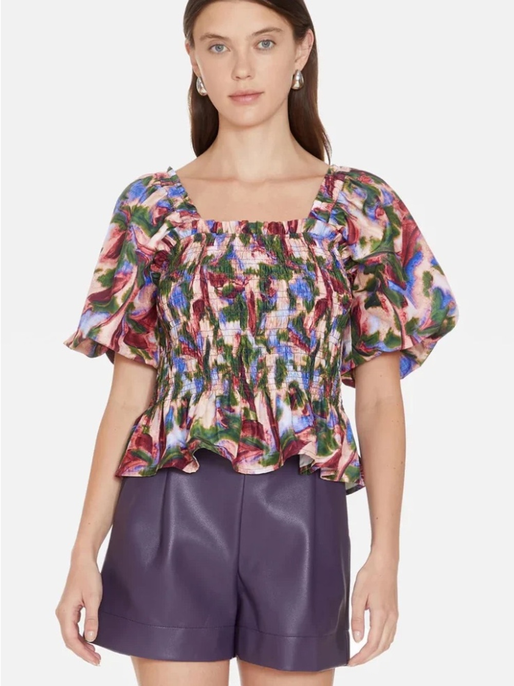 Marie Oliver Glennon Top Multicolor Floral Smocked Puff-Sleeve Top Size S